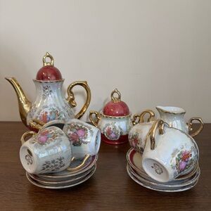 Porcelain Tea Set Gold Gilding Victorian Couple Iridescent Bavarian Style Small